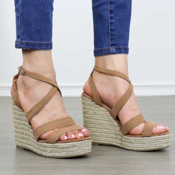 Espadrilles Tan Open Toe Wedge Sandal-4.5" heel - - Picture 3 of 8